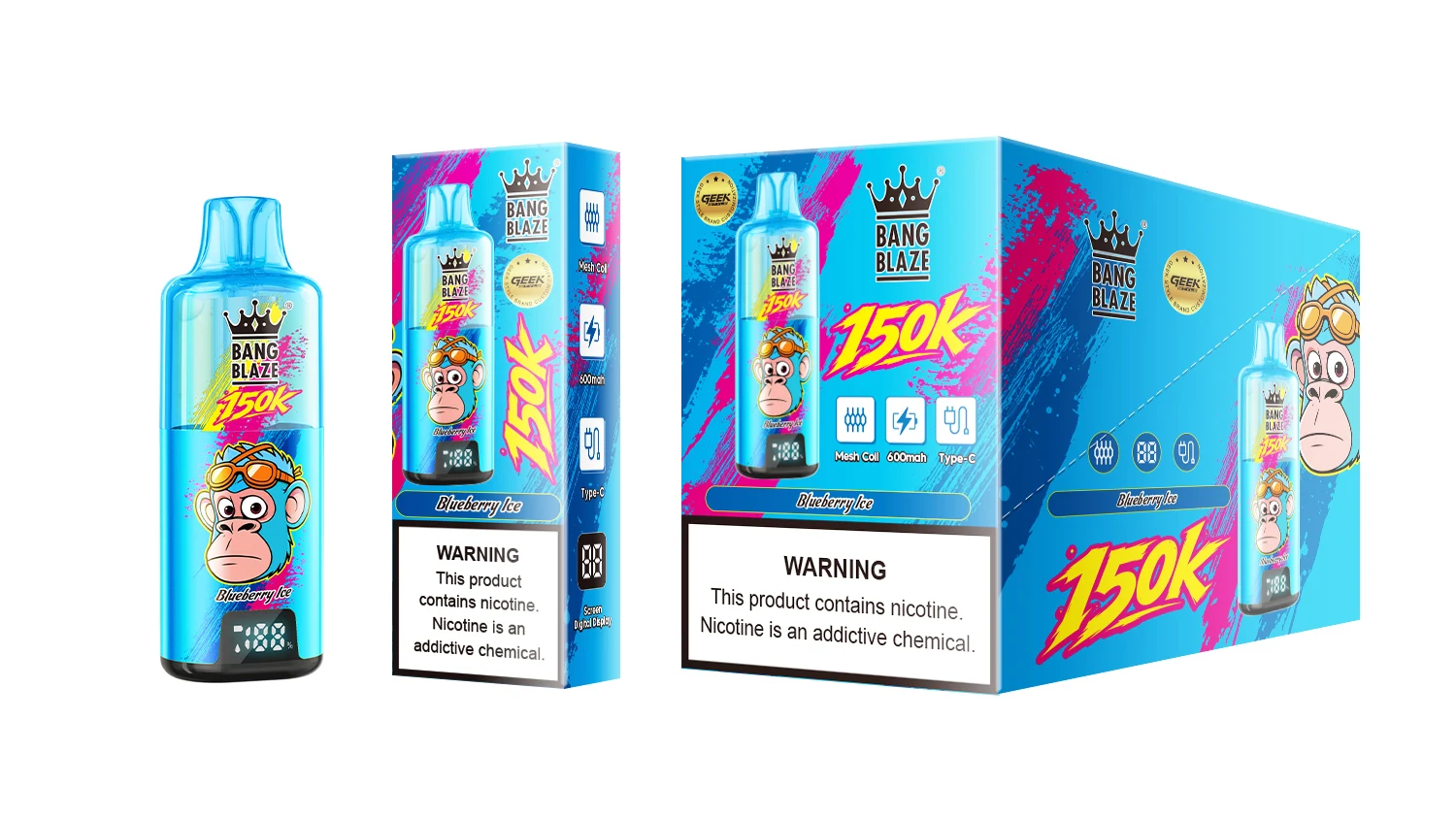 Vaper desechable Bang Blaze 150K en sabor Blueberry Ice, junto a su caja individual y exhibidor de venta.