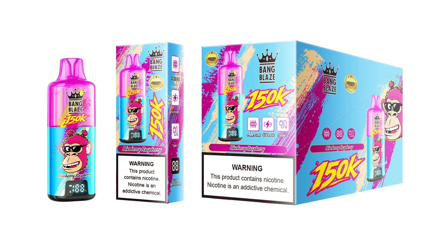 Vaper desechable Bang Blaze 150K sabor Blueberry Raspberry con su caja individual y exhibidor de diez unidades.