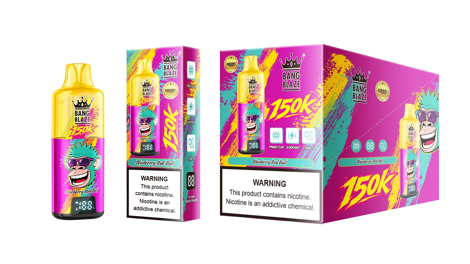 Vaper desechable Bang Blaze 150K sabor Blueberry Red Bull junto a su embalaje individual y caja de presentación.