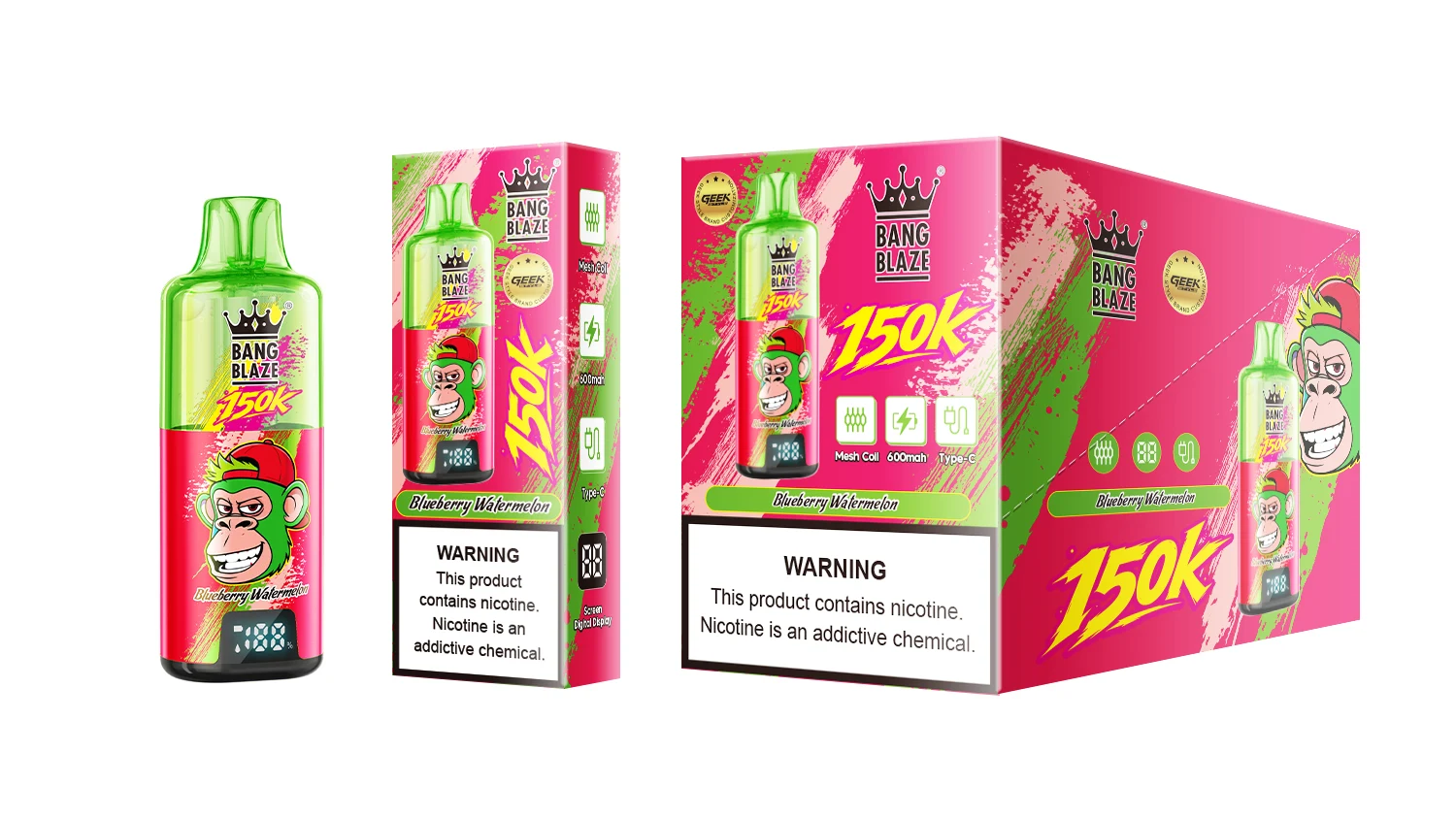 Vaper desechable recargable Bang Blaze 150K sabor Blueberry Watermelon junto a su embalaje individual y caja de presentación.