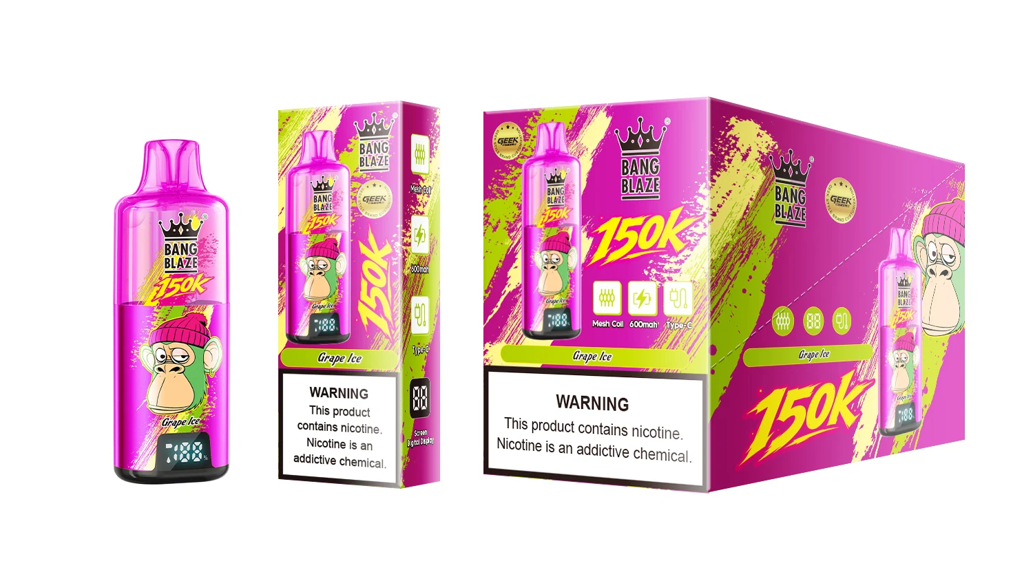 Vaper desechable Bang Blaze 150K sabor Grape Ice con su caja de embalaje y dispositivo individual.
