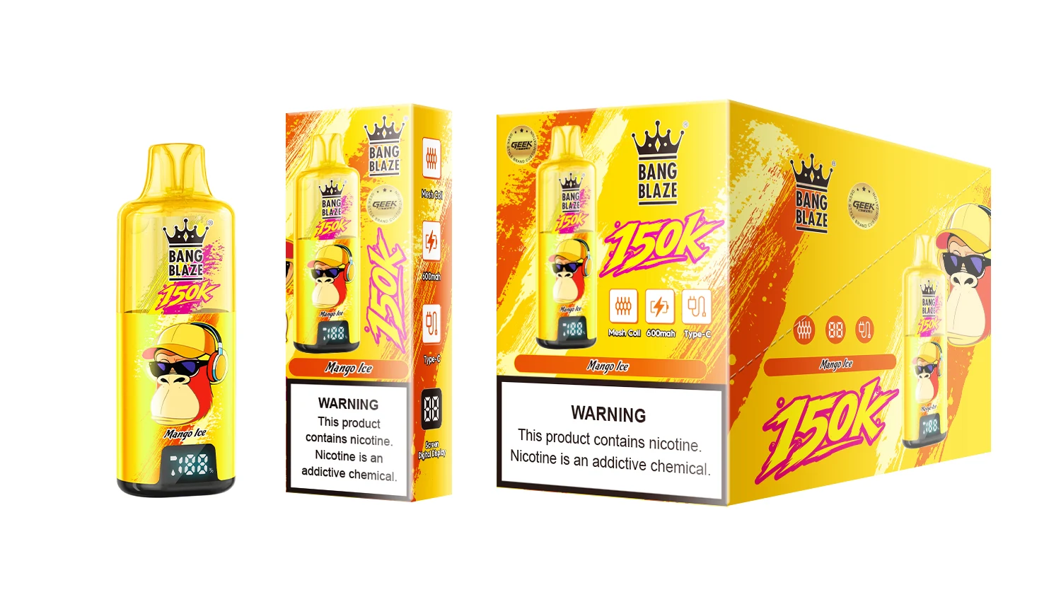 Vaper desechable Bang Blaze 150K sabor Mango Ice junto a su caja individual y expositor, mostrando su diseño amarillo y pantalla digital.
