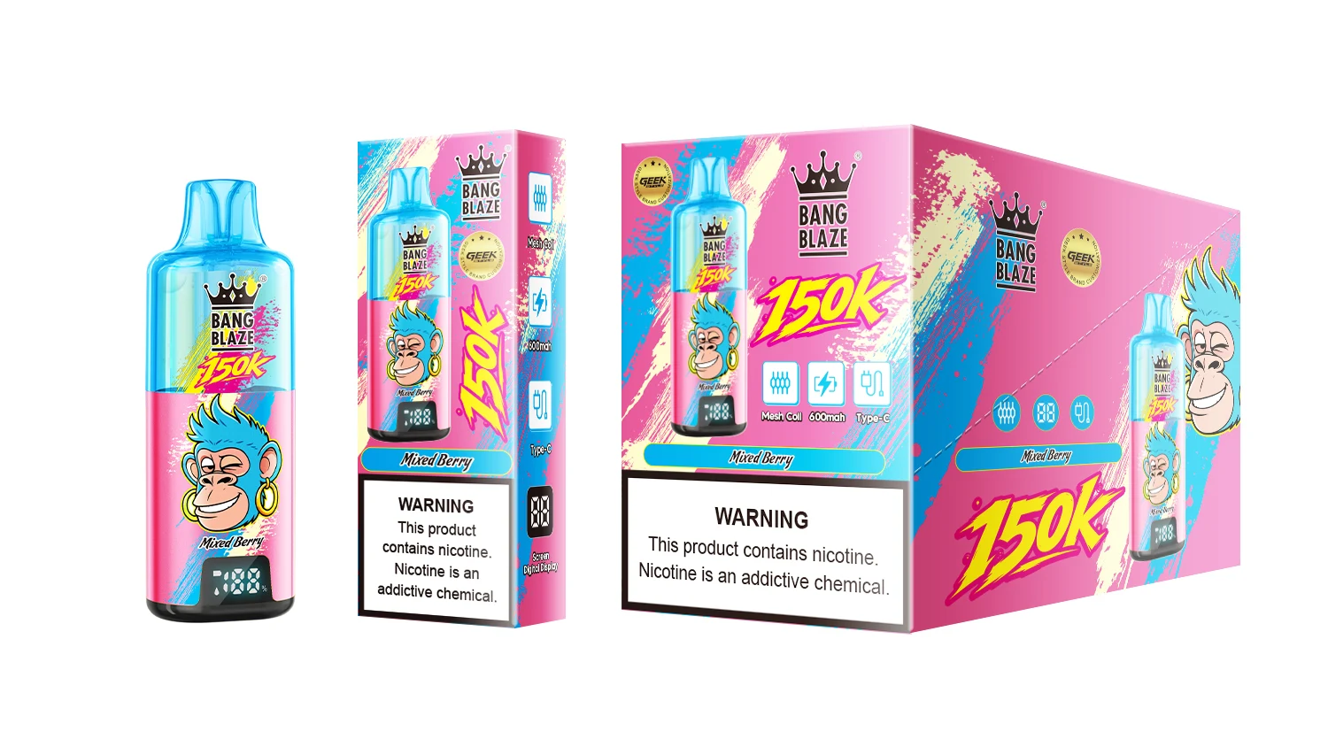 Vaper desechable Bang Blaze 150K sabor Mixed Berry con su caja individual y exhibidor.