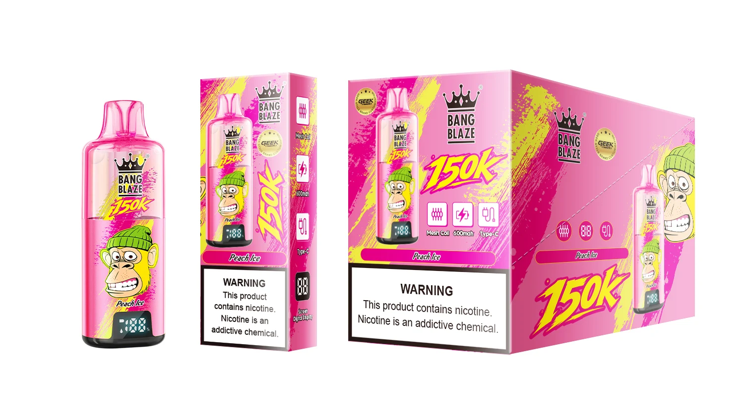 Vaper desechable Bang Blaze 150K sabor Peach Ice con su caja individual y exhibidor de 10 unidades.
