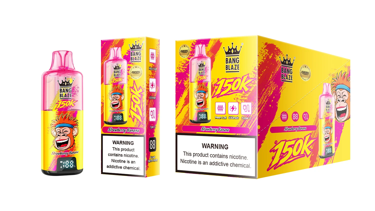 Vaper desechable recargable Bang Blaze 150K sabor Strawberry Banana con su caja individual y exhibidor.