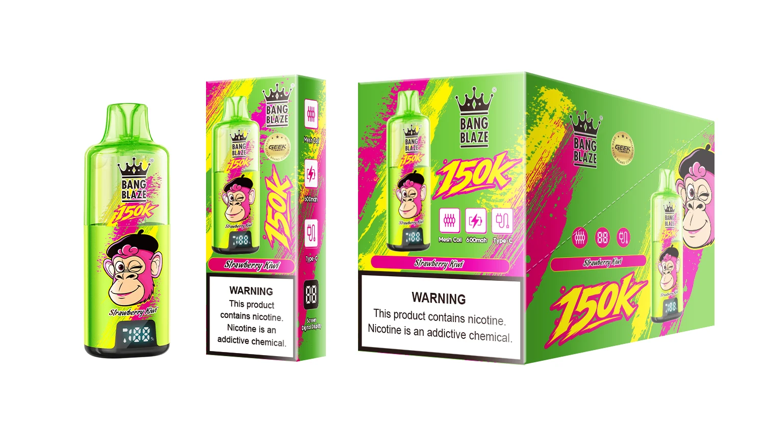 Vaper desechable recargable Bang Blaze 150K sabor Strawberry Kiwi con su caja de exhibición.