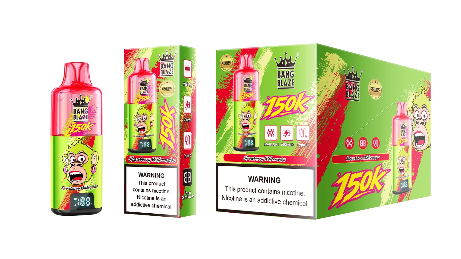 Vaper desechable Bang Blaze 150K sabor Strawberry Watermelon con su caja individual y exhibidor, mostrando diseño gráfico con un mono.