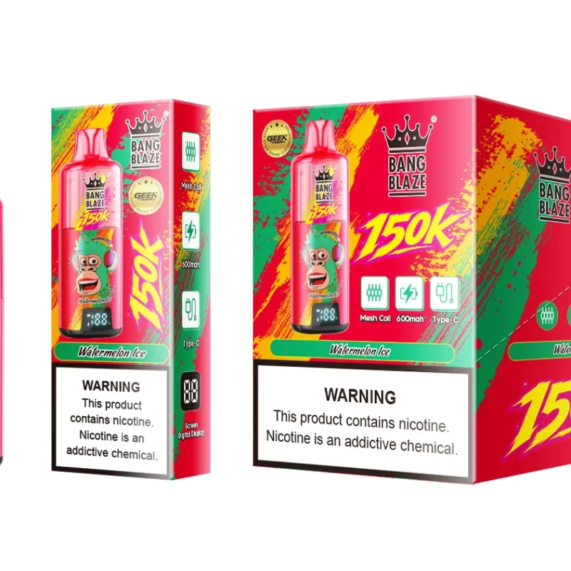 Vaper desechable Bang Blaze 150K sabor Watermelon Ice con su caja individual y exhibidor, mostrando diseño y pantalla digital.