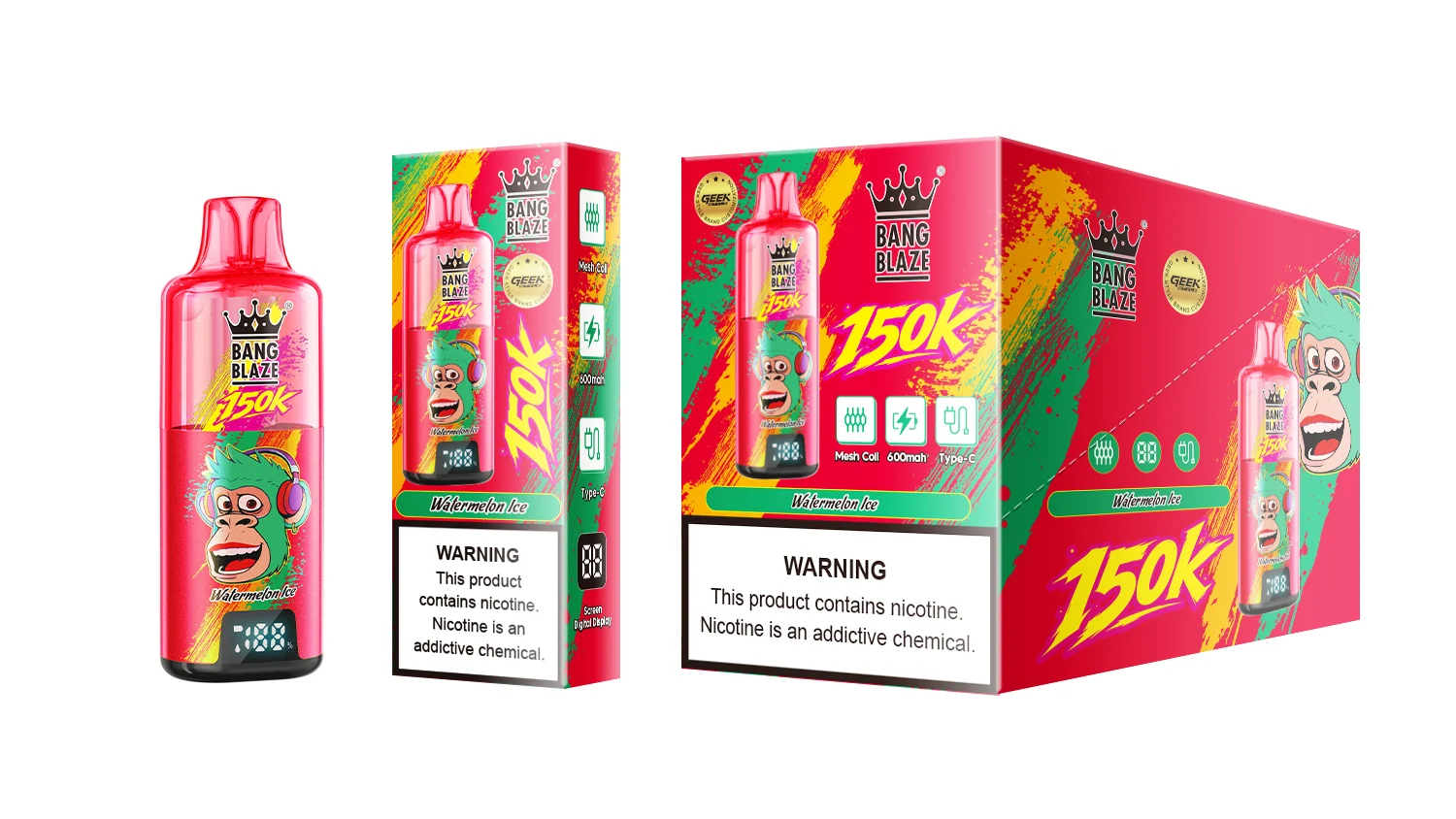Vaper desechable Bang Blaze 150K sabor Watermelon Ice con su caja individual y exhibidor, mostrando diseño y pantalla digital.
