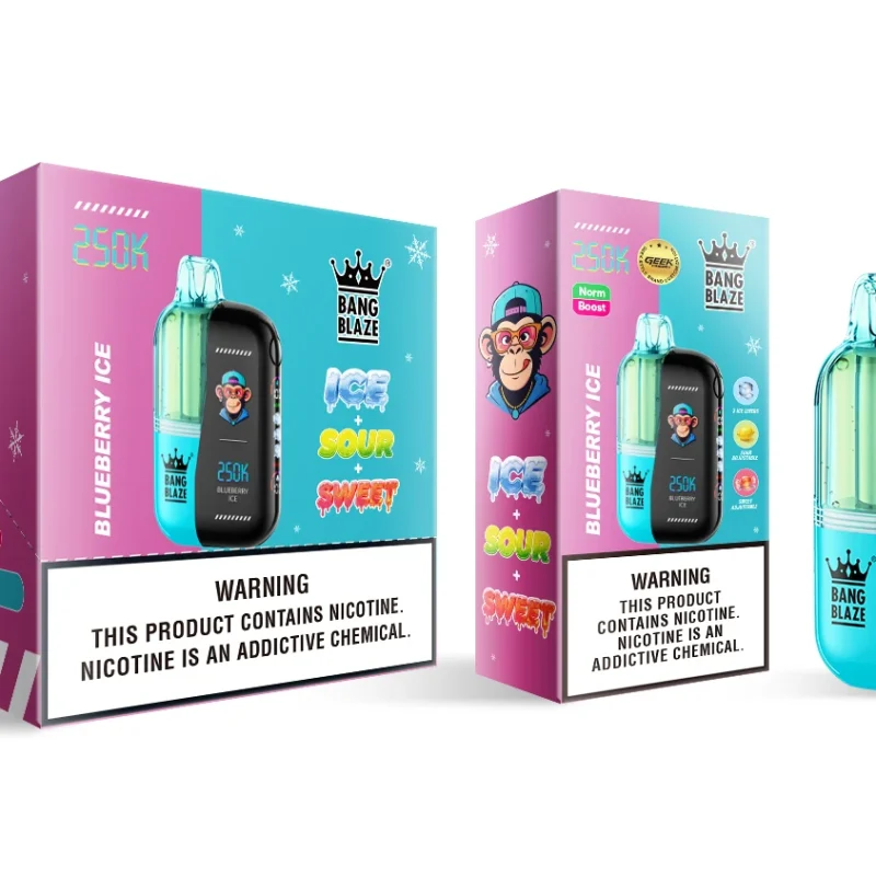 Vaper desechable Bang Blaze 250K sabor Blueberry Ice junto a su embalaje original.
