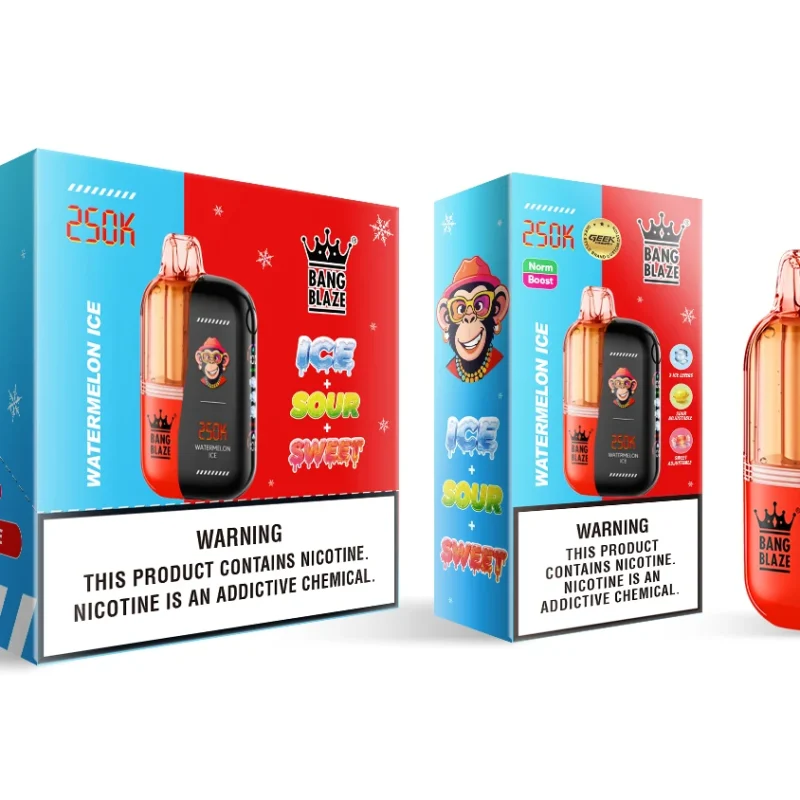Vaper desechable recargable Bang Blaze 250K sabor Watermelon Ice con su caja de presentación y caja de exhibición.