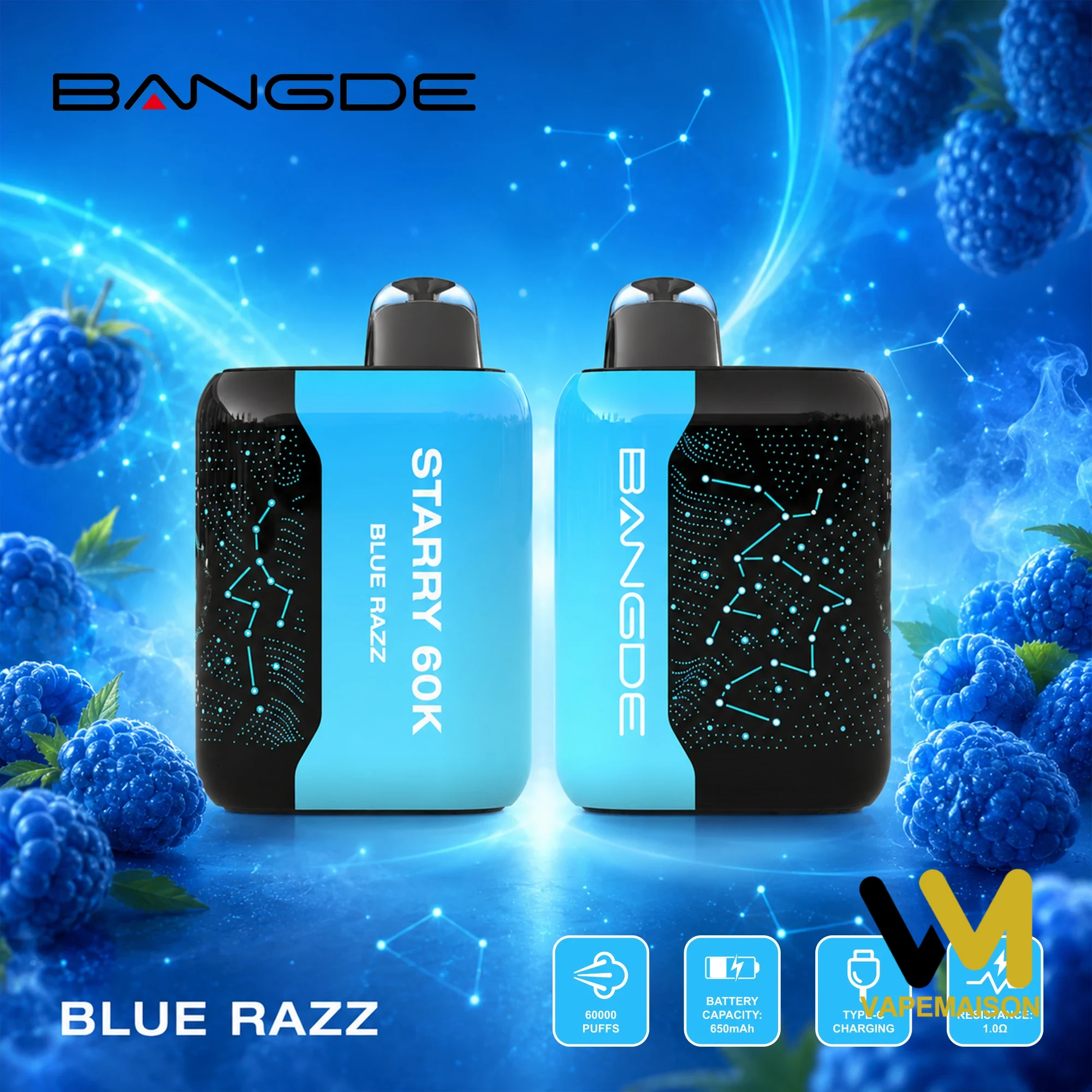 Vaper desechable Bang DE starry 60K en sabor Blue Razz con diseño de constelaciones sobre fondo azul brillante.