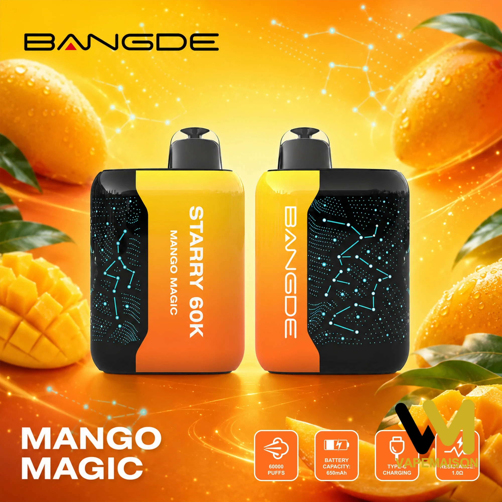 Dos vaper desechables Bang DE Starry 60K sabor Mango Magic sobre un fondo de mango fresco.