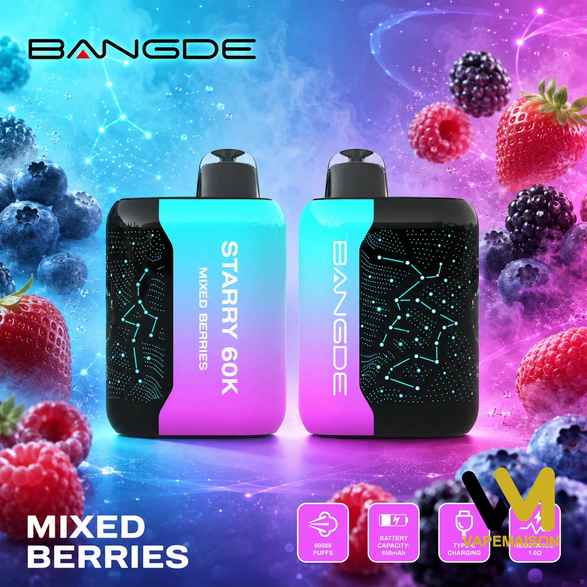 Vaper desechable Bang DE Starry 60K en sabor Mixed Berries con diseño de degradado azul y rosa sobre fondo de frutos del bosque.