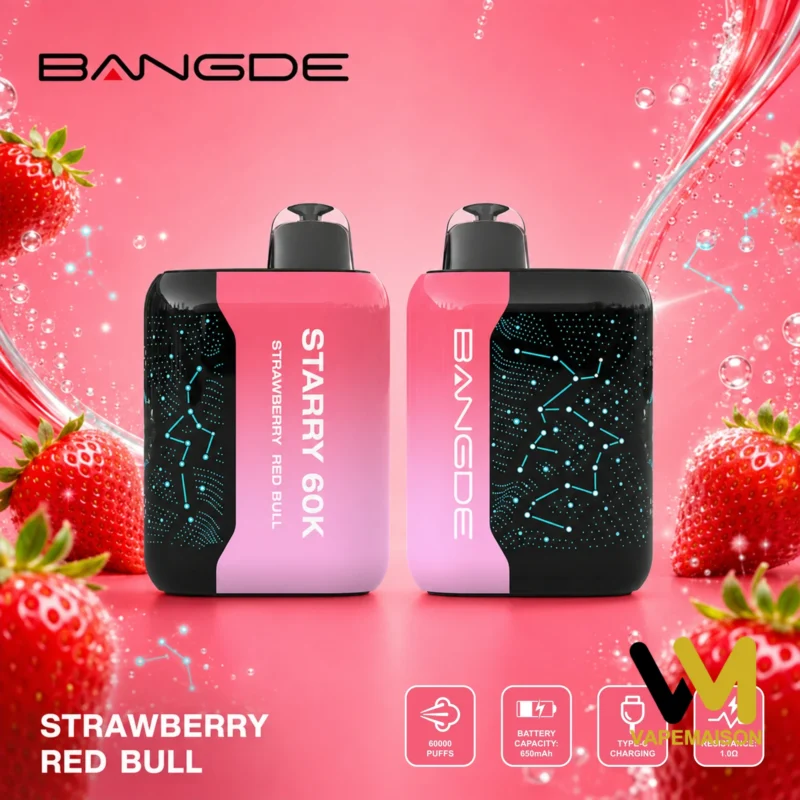Dos dispositivos de vapeo Bang DE Starry 60K en sabor Strawberry Red Bull, con diseño en degradado rosa y negro y temática de constelaciones.