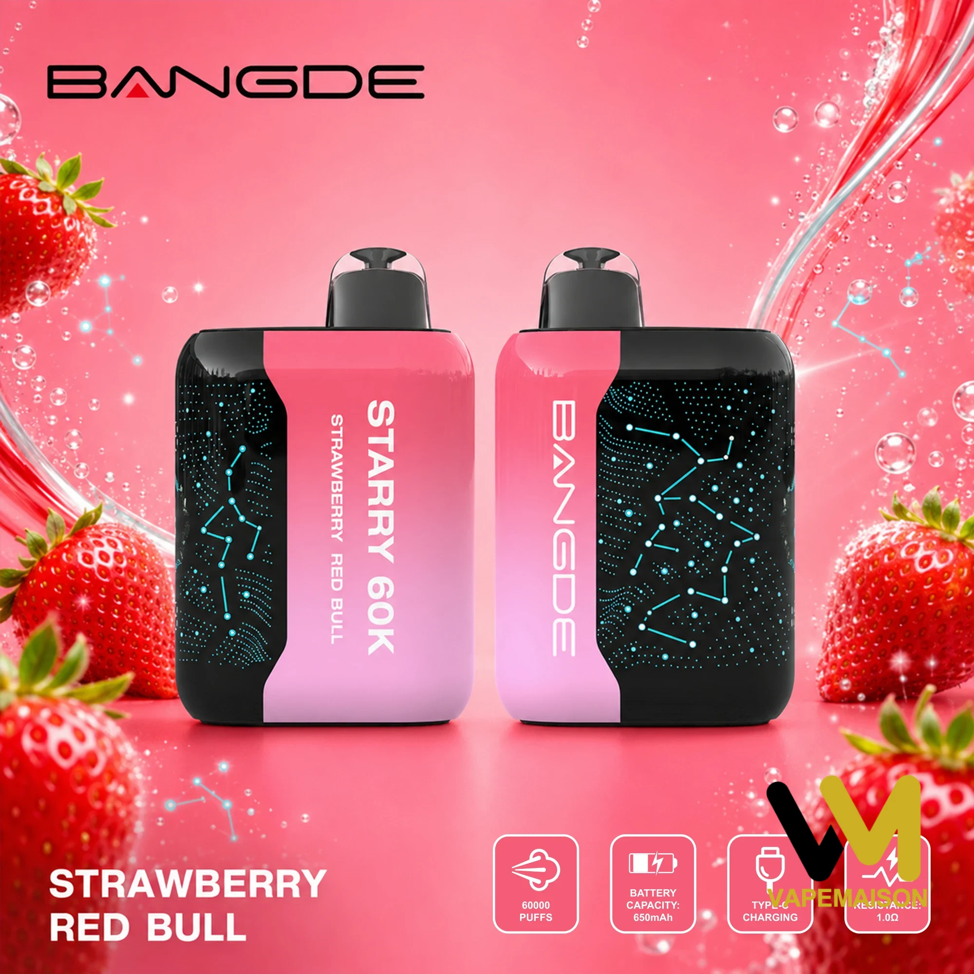 Dos dispositivos de vapeo Bang DE Starry 60K en sabor Strawberry Red Bull, con diseño en degradado rosa y negro y temática de constelaciones.