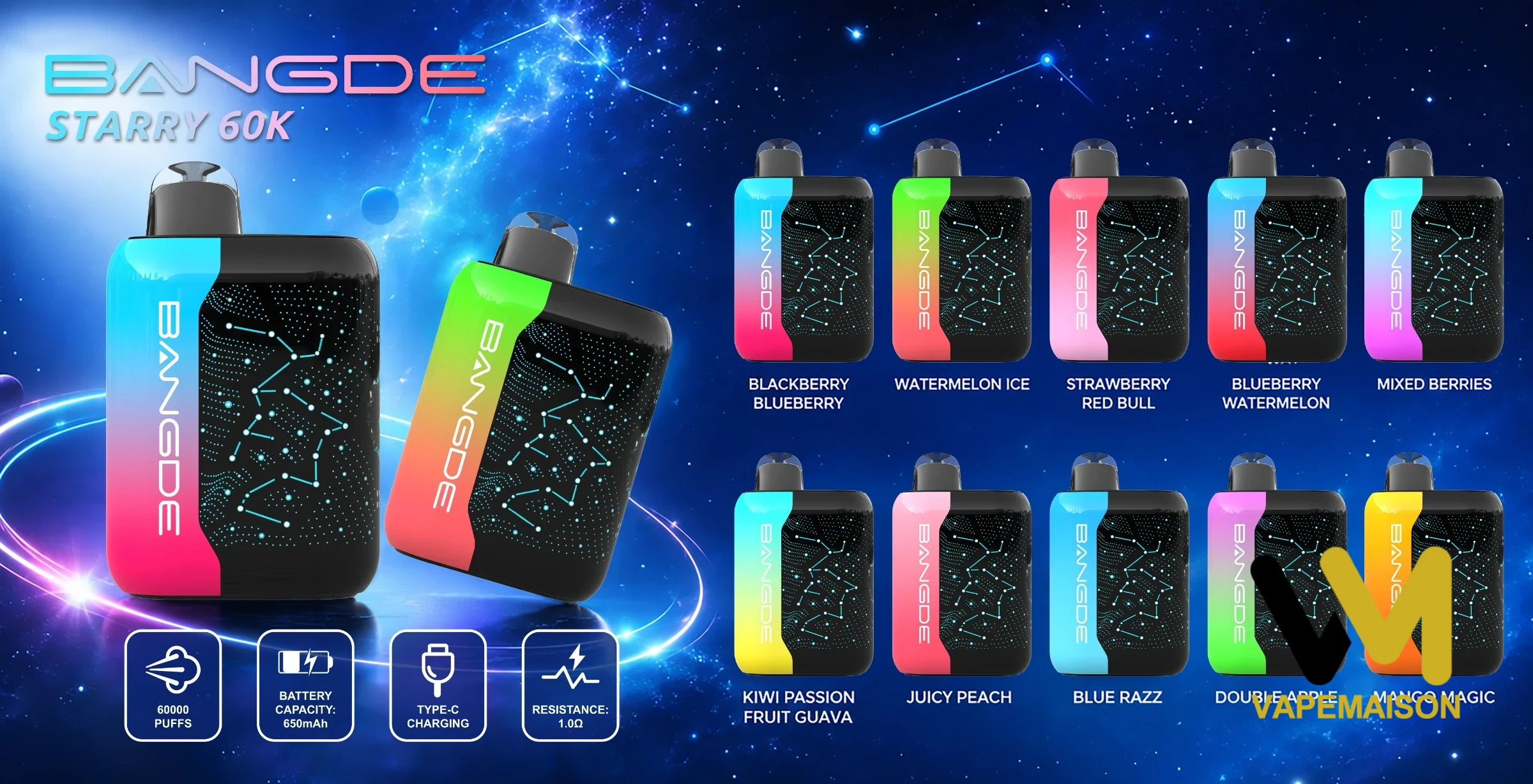 Vapers desechables Bang DE starry 60K en diez sabores diferentes con diseño de constelaciones y especificaciones técnicas.