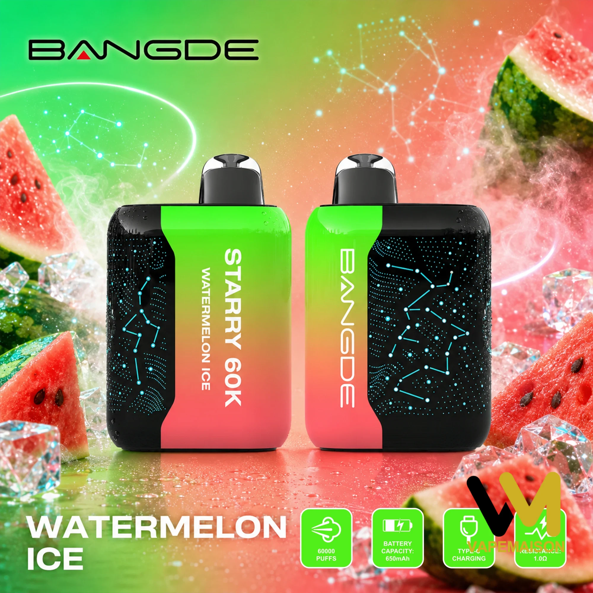 Vaper desechable Bang DE Starry 60K en sabor Watermelon Ice con diseño degradado y arte de sandía.