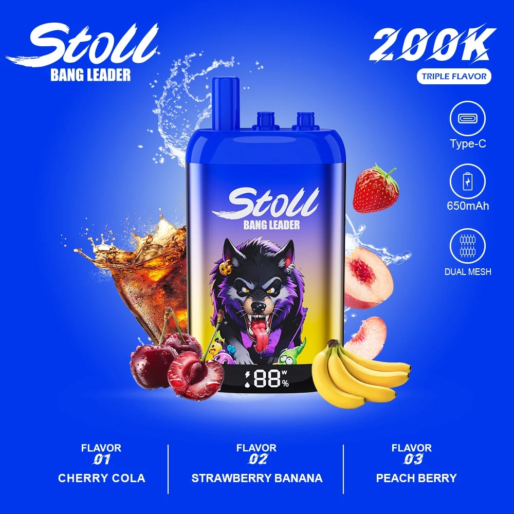 Vaper desechable recargable Bang Leader Stoll 200K Triple Flavor con sabores Cherry Cola, Strawberry Banana y Peach Berry.