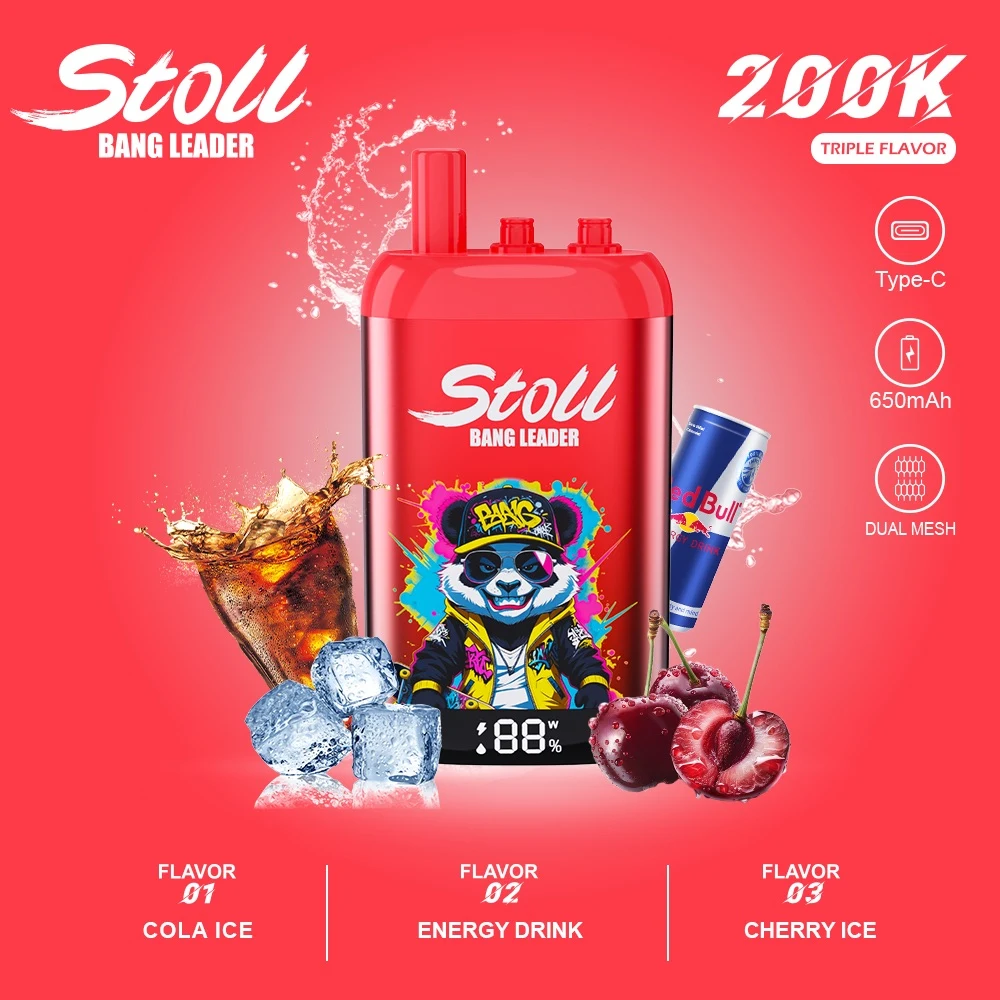 Vaper desechable Bang Leader Stoll 200K con sabores Cola Ice, Energy Drink y Cherry Ice, destacando su pantalla LED y batería recargable.