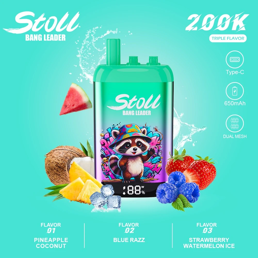 Vaper desechable recargable Bang Leader Stoll 200K con tres sabores: Pineapple Coconut, Blue Razz y Strawberry Watermelon Ice.