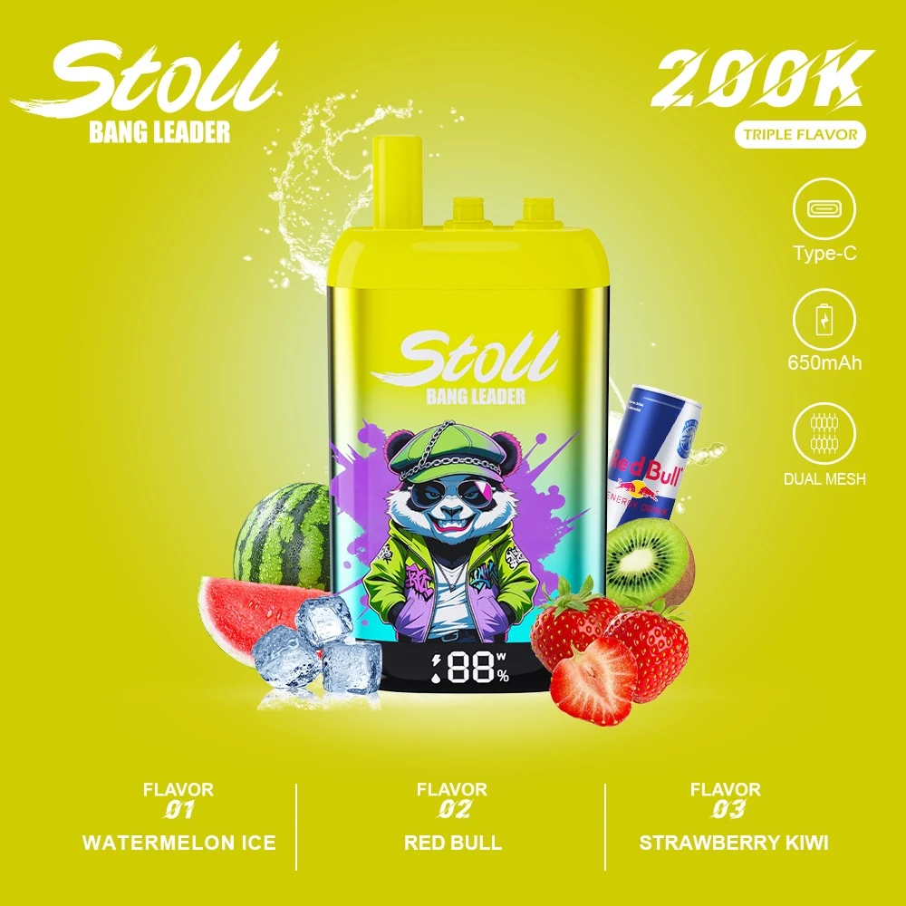 Vaper desechable Bang Leader Stoll 200K Triple Flavor con sabores Watermelon Ice, Red Bull y Strawberry Kiwi.
