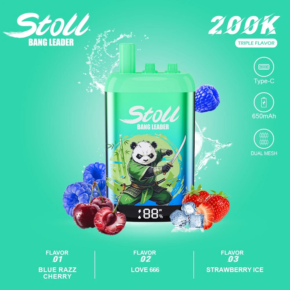 Vaper desechable Bang Leader Stoll 200K de color verde con diseño de panda, con los sabores Blue Razz Cherry, Love 666 y Strawberry Ice.