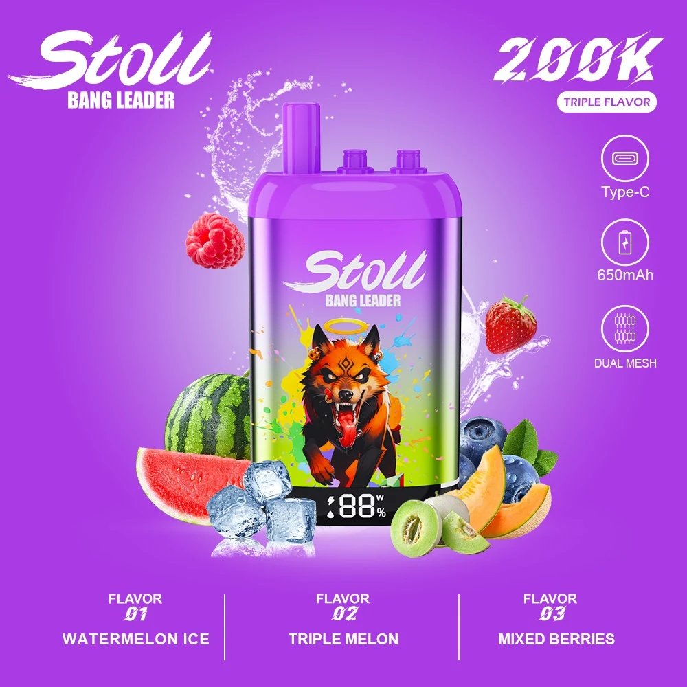 Vaper desechable recargable Bang Leader Stoll 200K Triple Flavor con sabores Watermelon Ice, Triple Melon y Mixed Berries.
