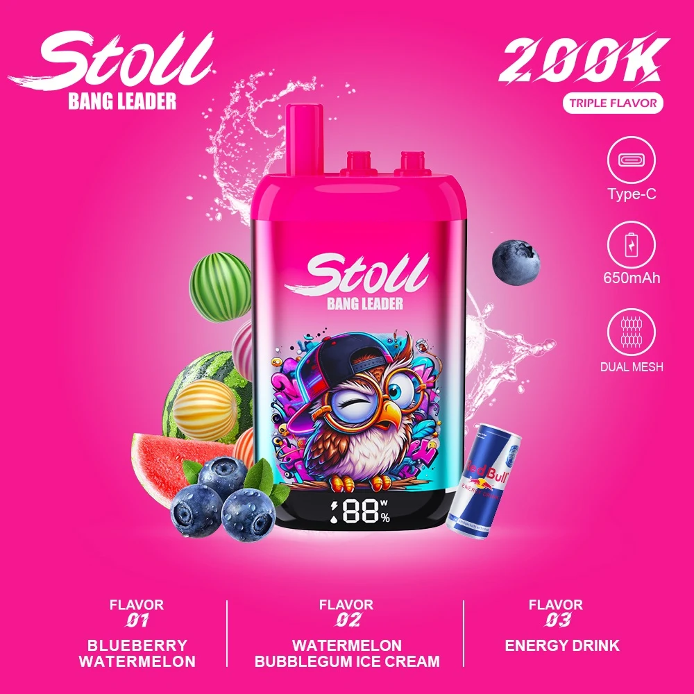 Vaper desechable Bang Leader Stoll 200K con tres sabores: Blueberry Watermelon, Watermelon Bubblegum Ice Cream y Energy Drink.
