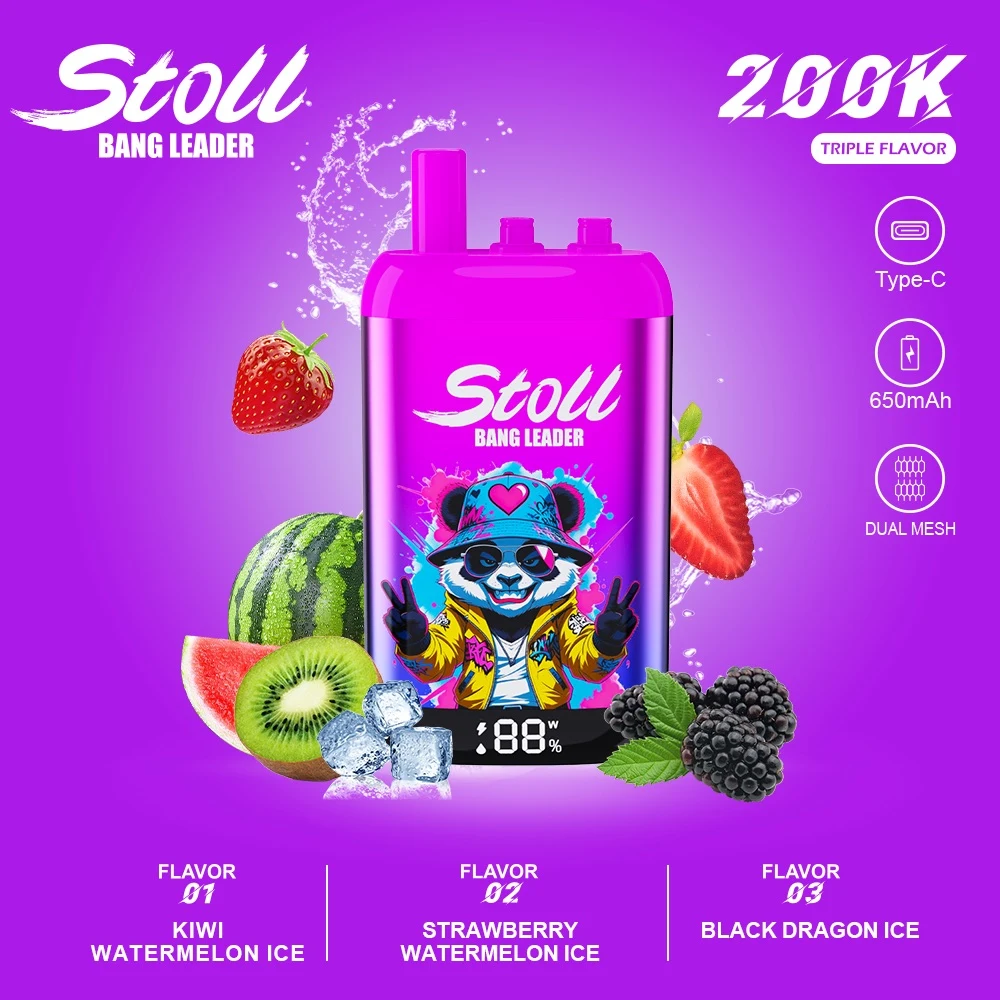 Vaper desechable Bang Leader Stoll 200K de color rosa con sabores Kiwi Watermelon Ice, Strawberry Watermelon Ice y Black Dragon Ice.