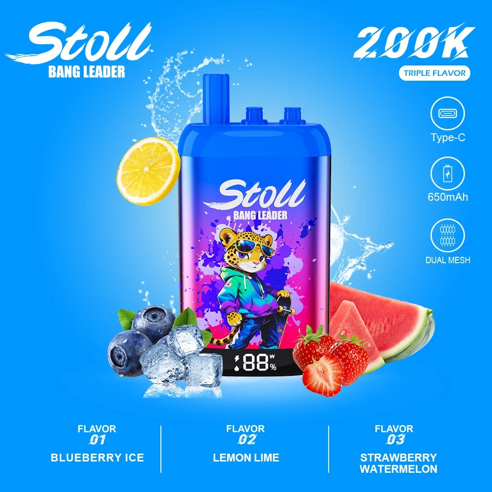 Vaper desechable Bang Leader Stoll 200K Triple Flavor con pantalla LED y sabores Blueberry Ice, Lemon Lime y Strawberry Watermelon.