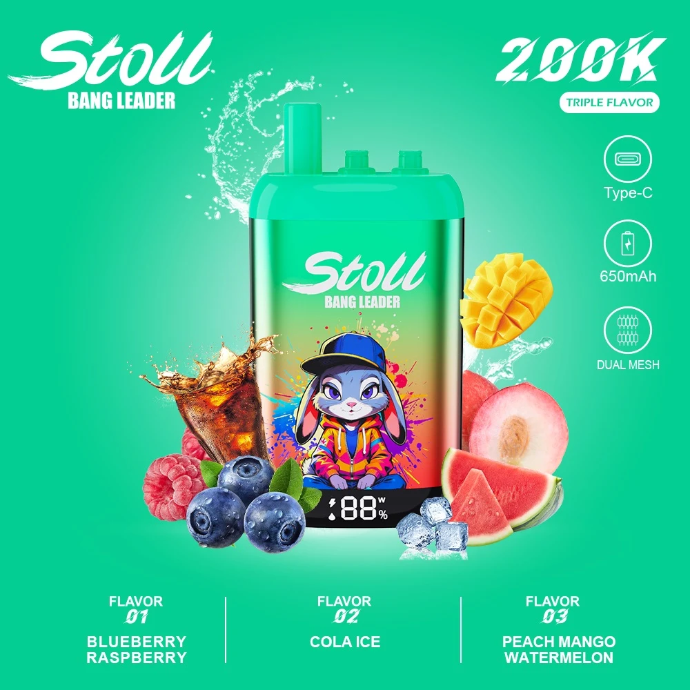Vaper desechable recargable Bang Leader Stoll 200K con tres sabores: Blueberry Raspberry, Cola Ice y Peach Mango Watermelon.
