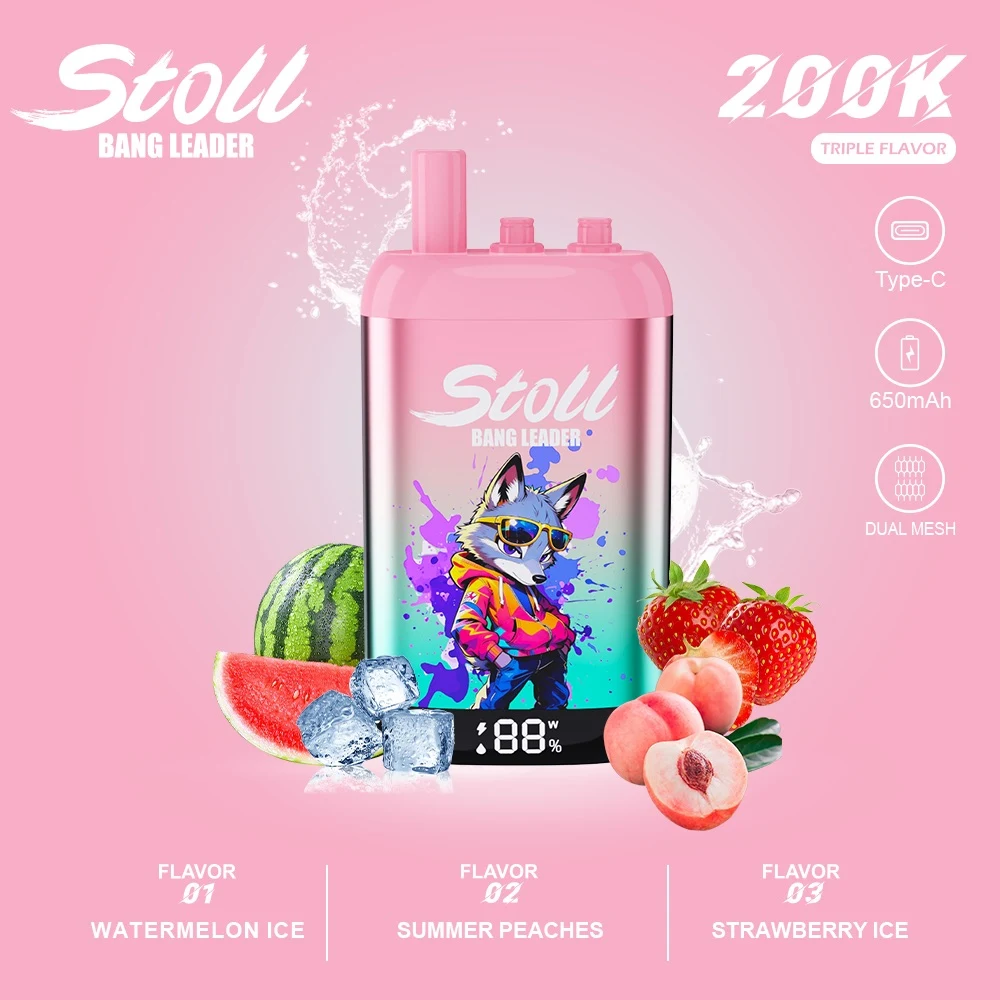 Vaper desechable recargable Bang Leader Stoll 200K con tres sabores: Watermelon Ice, Summer Peaches y Strawberry Ice.