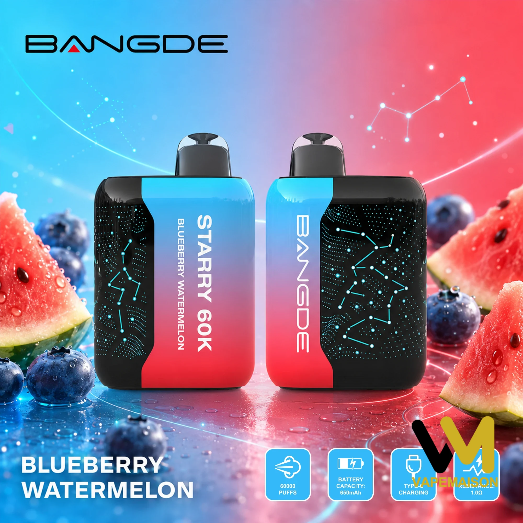 Vaper desechable Bang DE Starry 60K en sabor Blueberry Watermelon, con diseño de constelaciones y fondo de frutas.