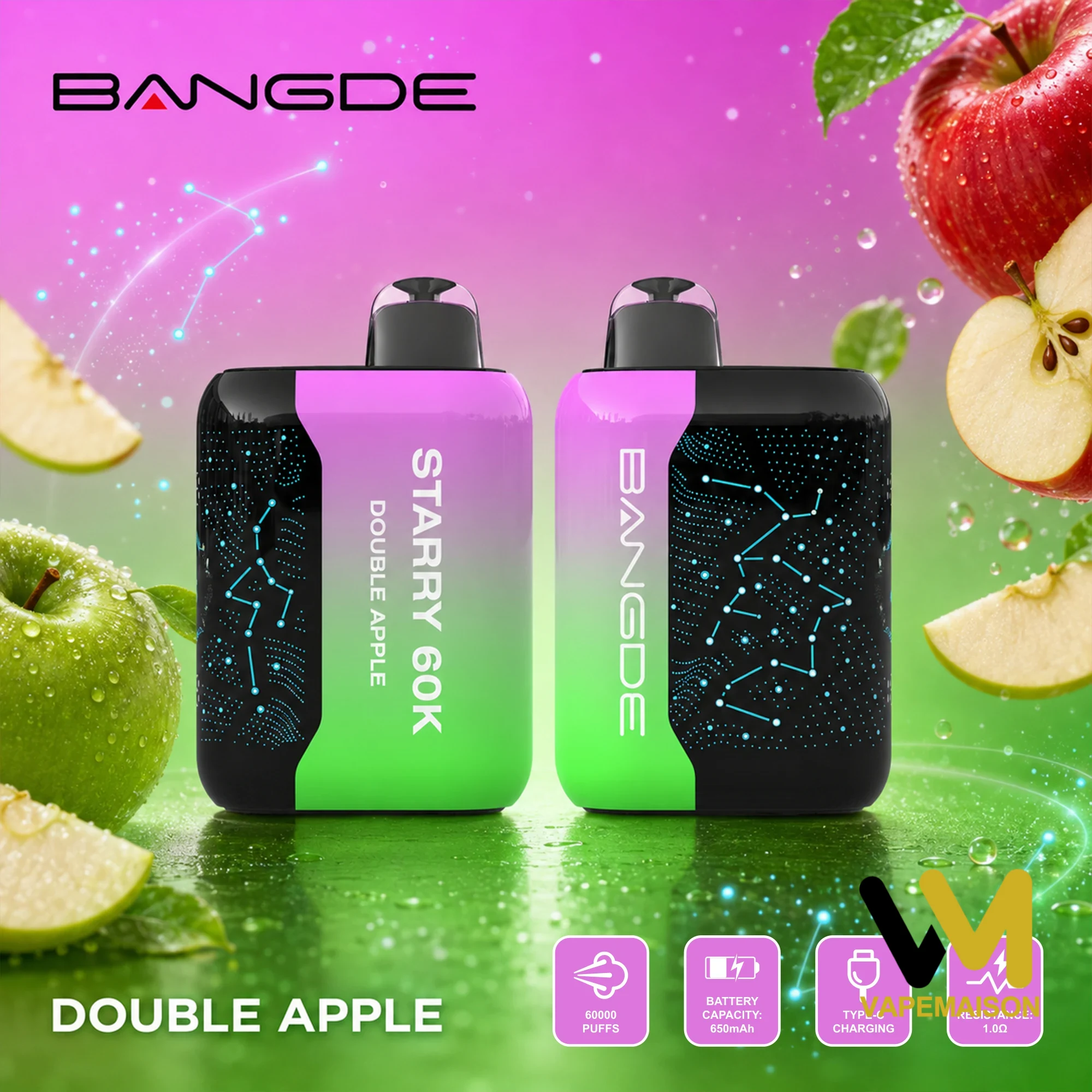 Vaper desechable Bang DE Starry 60K en sabor Double Apple con degradado de color verde y violeta.