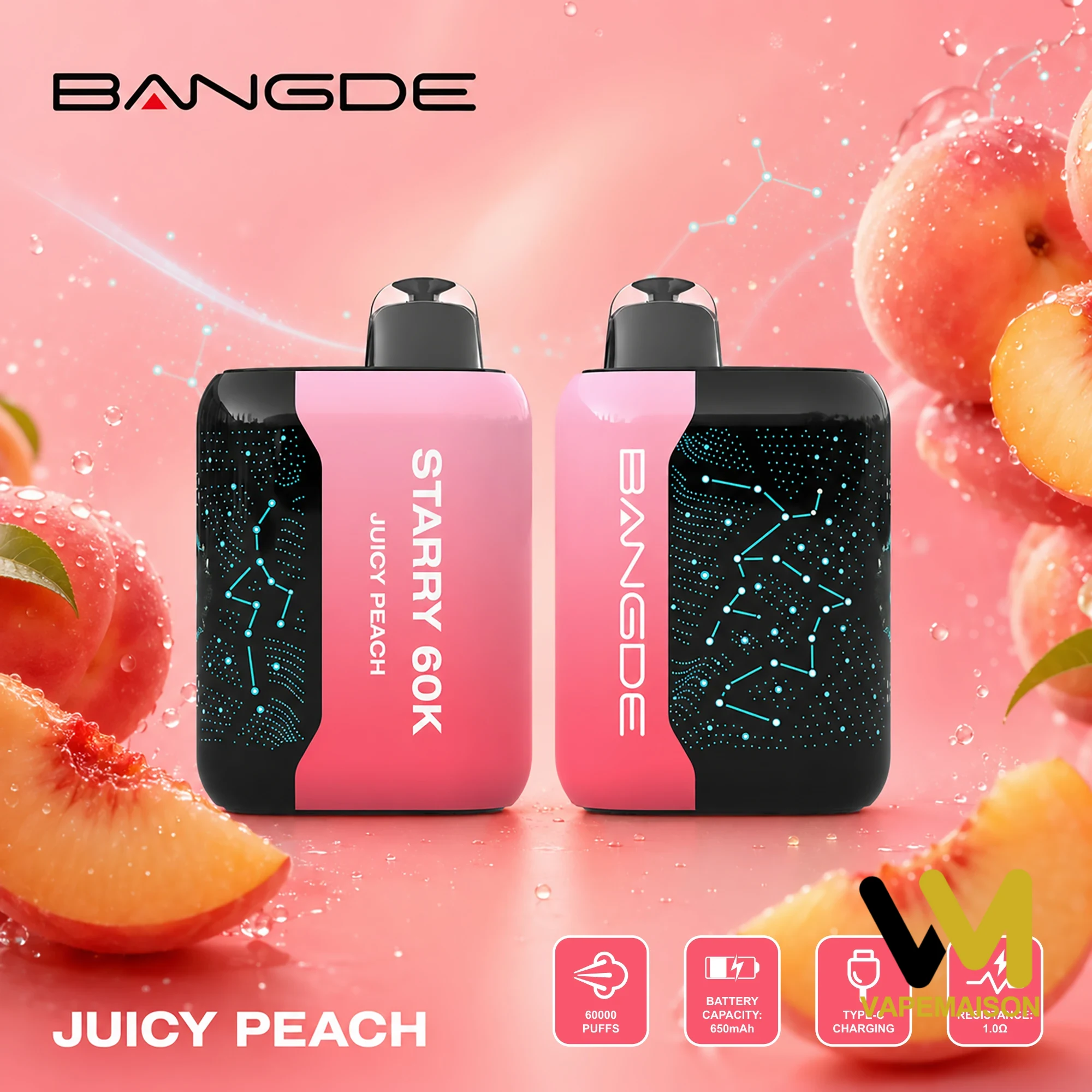 Dos vapers Bang DE Starry 60K de sabor Juicy Peach frente a melocotones frescos.