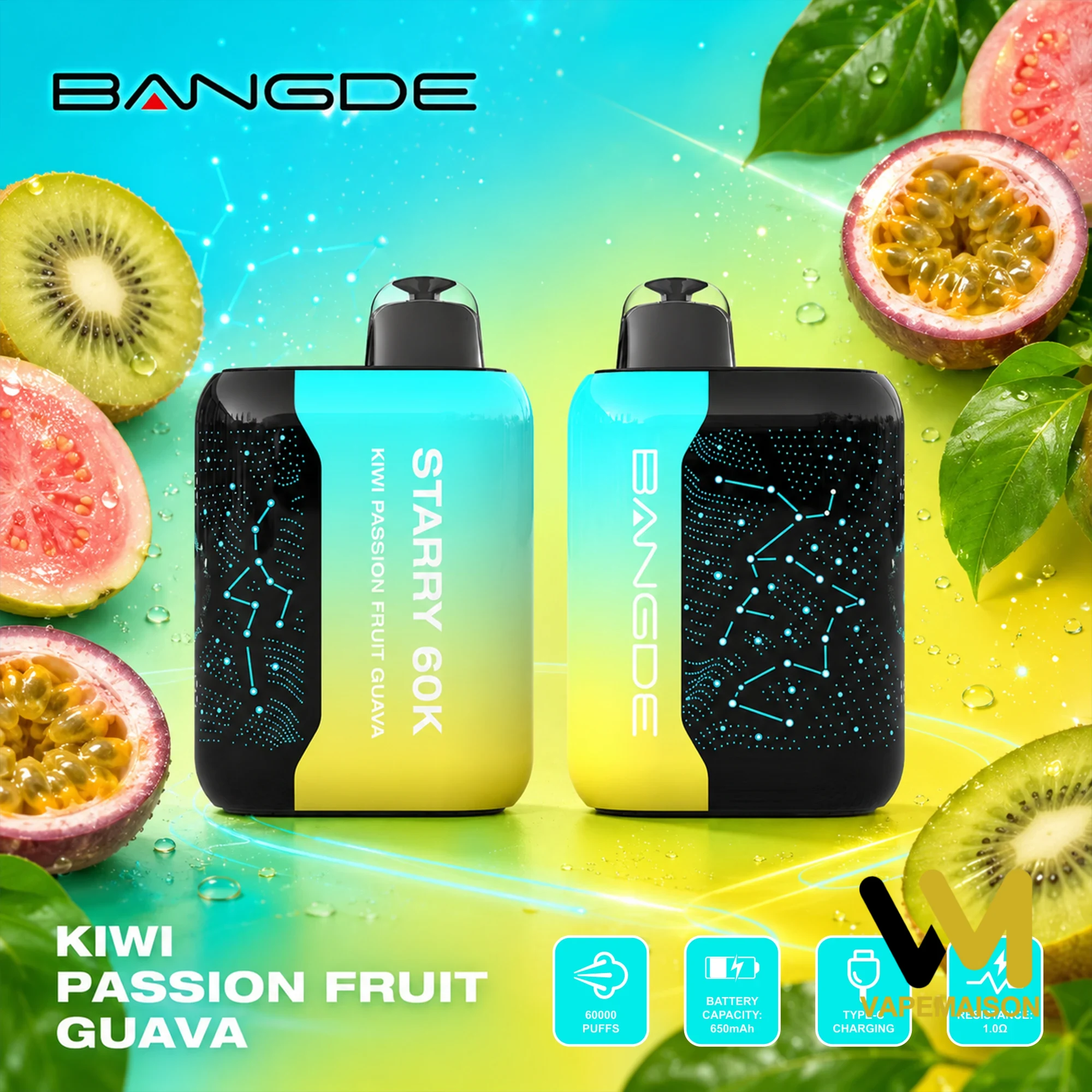 Dos vapers desechables Bang DE Starry 60K en sabor Kiwi Passion Fruit Guava con fondo frutal tropical.