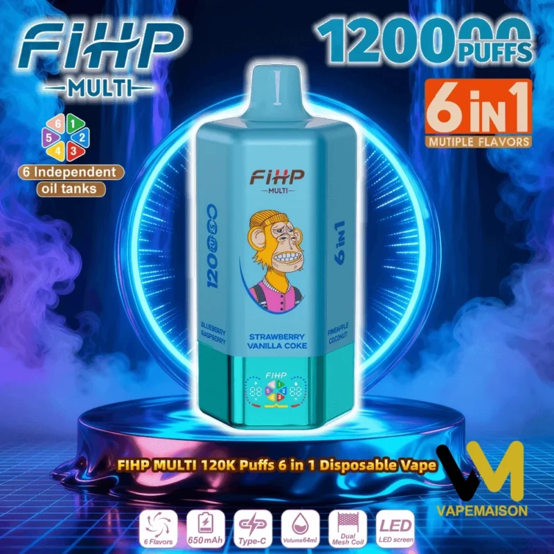 Vaper desechable FIHP MULTI 120000 caladas con sistema 6 en 1 de sabores y pantalla LED.