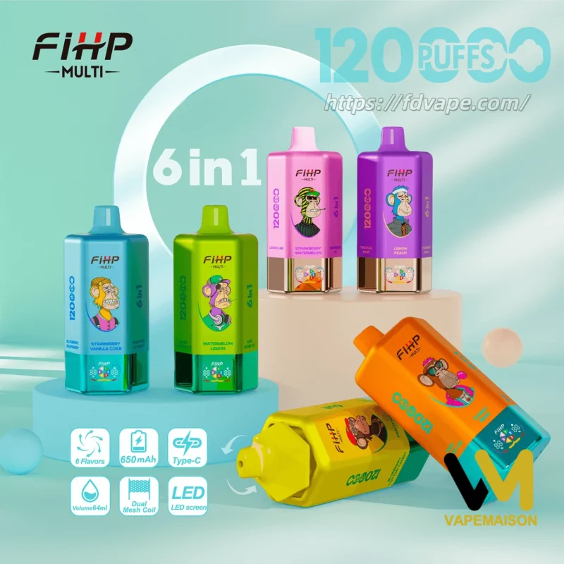 Vapers desechables FIHP MULTI 120000 6 en 1 de varios colores con pantalla inteligente LED y tecnología Dual Mesh Coil.