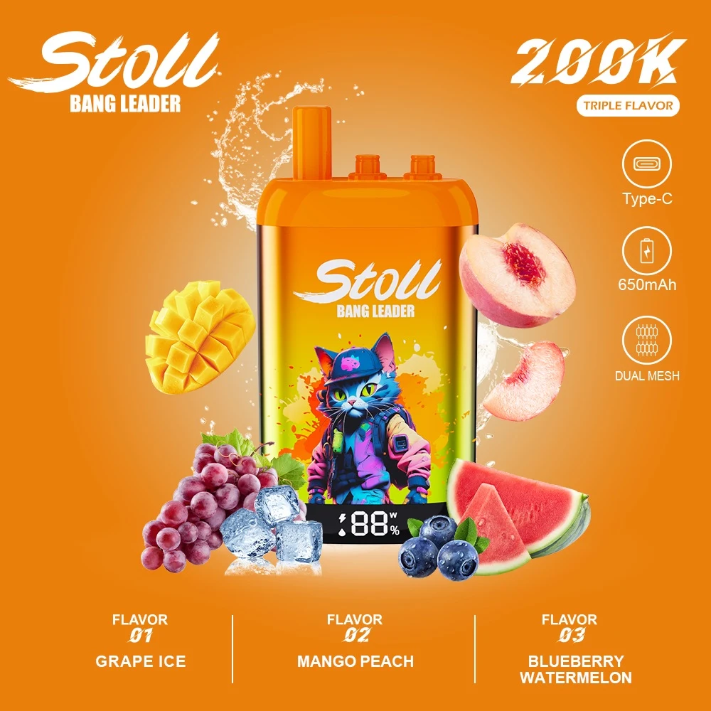 Vaper desechable recargable Bang Leader Stoll 200K con tres sabores: Grape Ice, Mango Peach y Blueberry Watermelon.