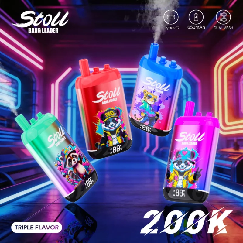 Cuatro vapers desechables recargables Bang Leader Stoll 200K con diseños coloridos y pantallas LED en un entorno futurista.