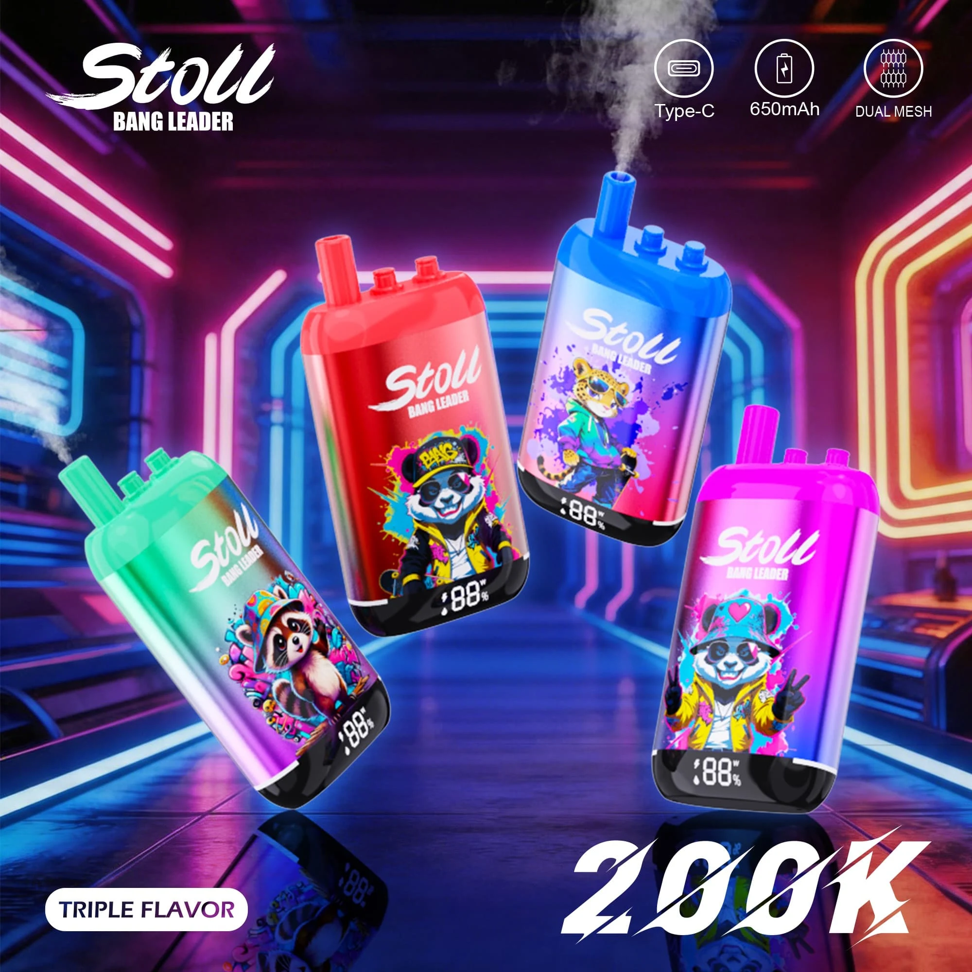 Cuatro vapers desechables recargables Bang Leader Stoll 200K con diseños coloridos y pantallas LED en un entorno futurista.