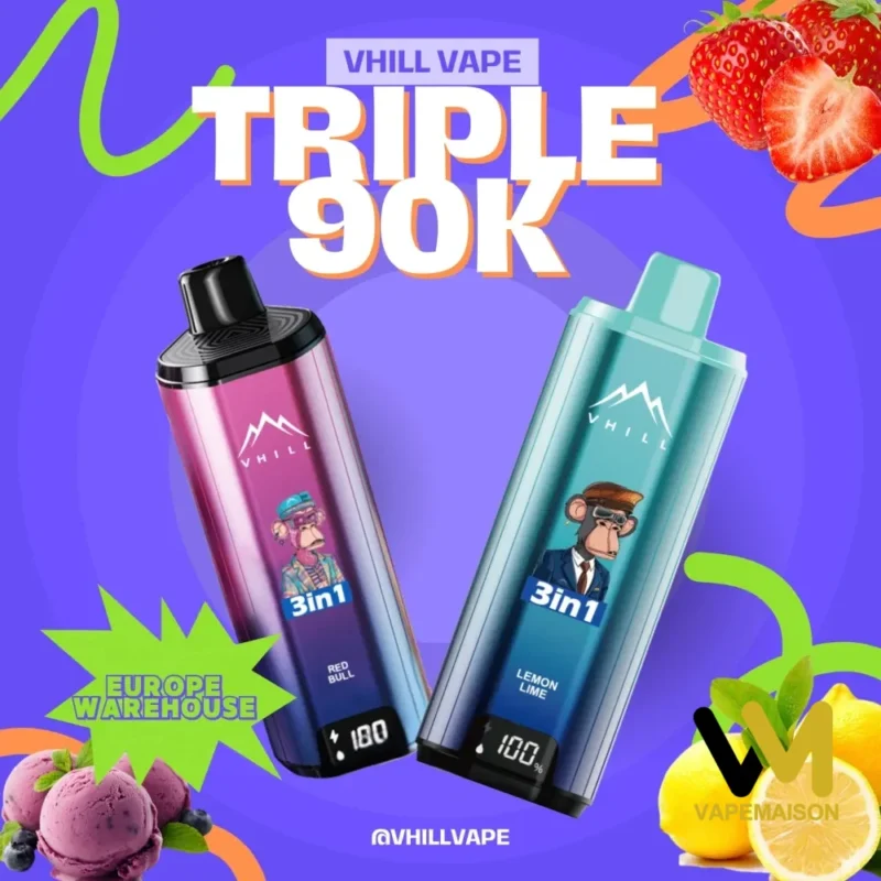 Dos vapers desechables VHILL TRIPLE 90K con pantalla digital y diseño de mono, uno en rosa y otro en azul.