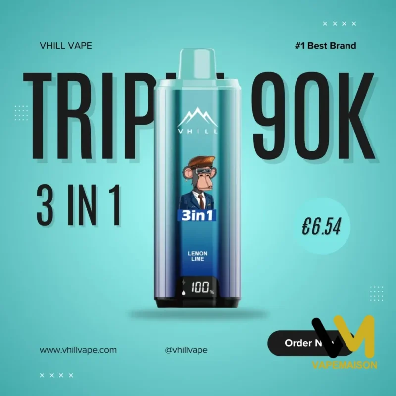 Vaper desechable VHILL TRIPLE 90K con sistema 3 en 1, pantalla LCD y diseño de mono, en color azul degradado.